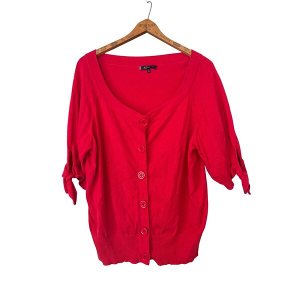 Anne Klein Red Button Front Cardigan Short Sleeve Tie Cotton Office Sweater 2X - Picture 1 of 5